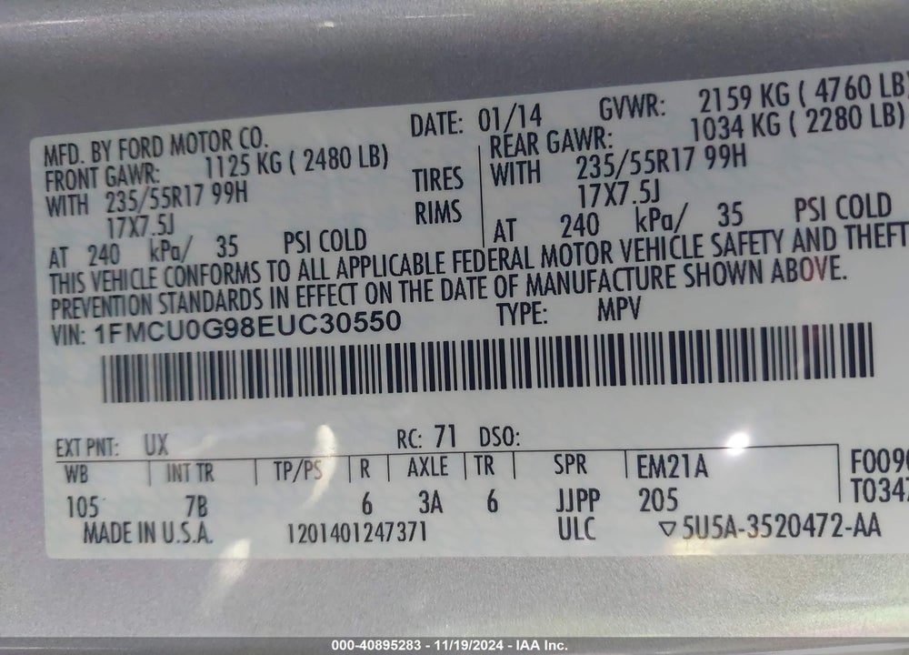 2014 FORD ESCAPE SE VIN: 1FMCU0G98EUC30550