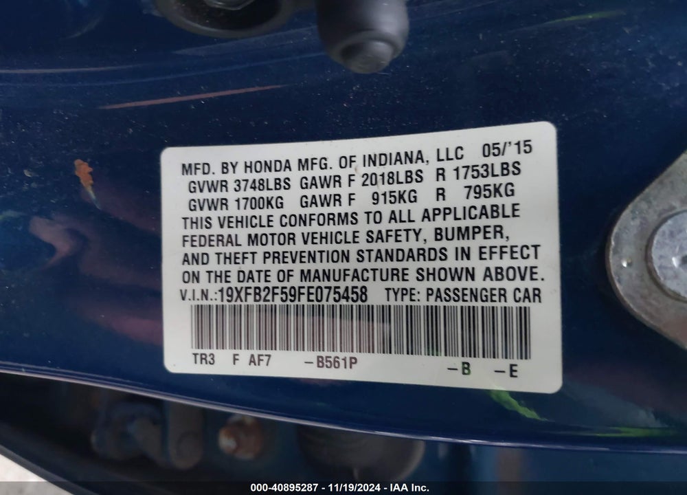 2015 HONDA CIVIC VIN: 19XFB2F59FE075458