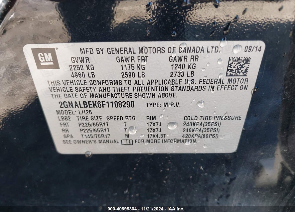 2015 CHEVROLET EQUINOX 1LT VIN: 2GNALBEK6F1108290