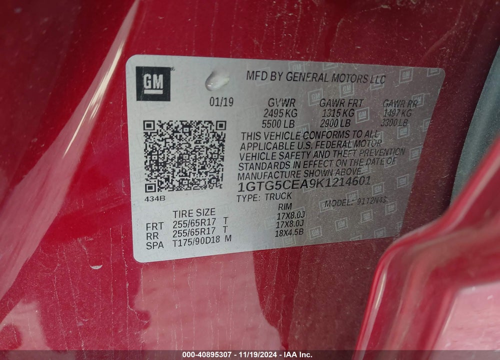 2019 GMC CANYON SLE VIN: 1GTG5CEA9K1214601