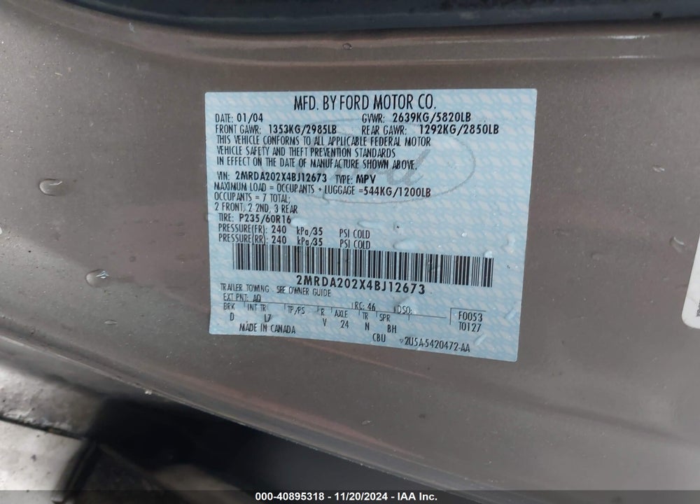 2004 MERCURY MONTEREY VIN: 2MRDA202X4BJ12673