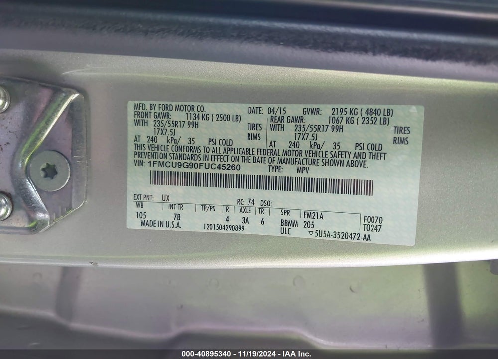 2015 FORD ESCAPE SE VIN: 1FMCU9G90FUC45260