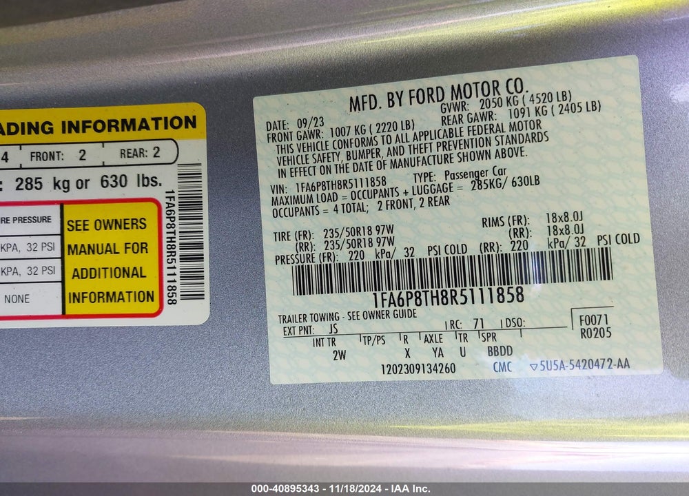 2024 FORD MUSTANG ECOBOOST VIN: 1FA6P8TH8R5111858