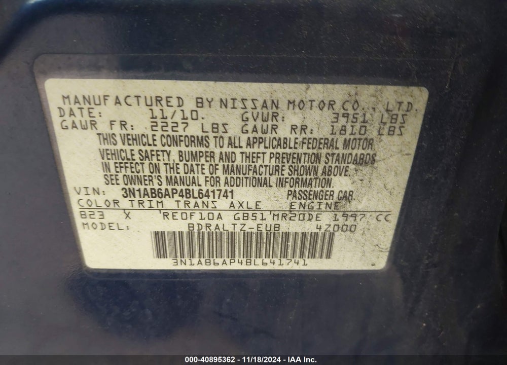 2011 NISSAN SENTRA 2.0S VIN: 3N1AB6AP4BL641741