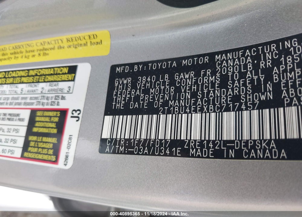 2011 TOYOTA COROLLA S VIN: 2T1BU4EEXBC717457
