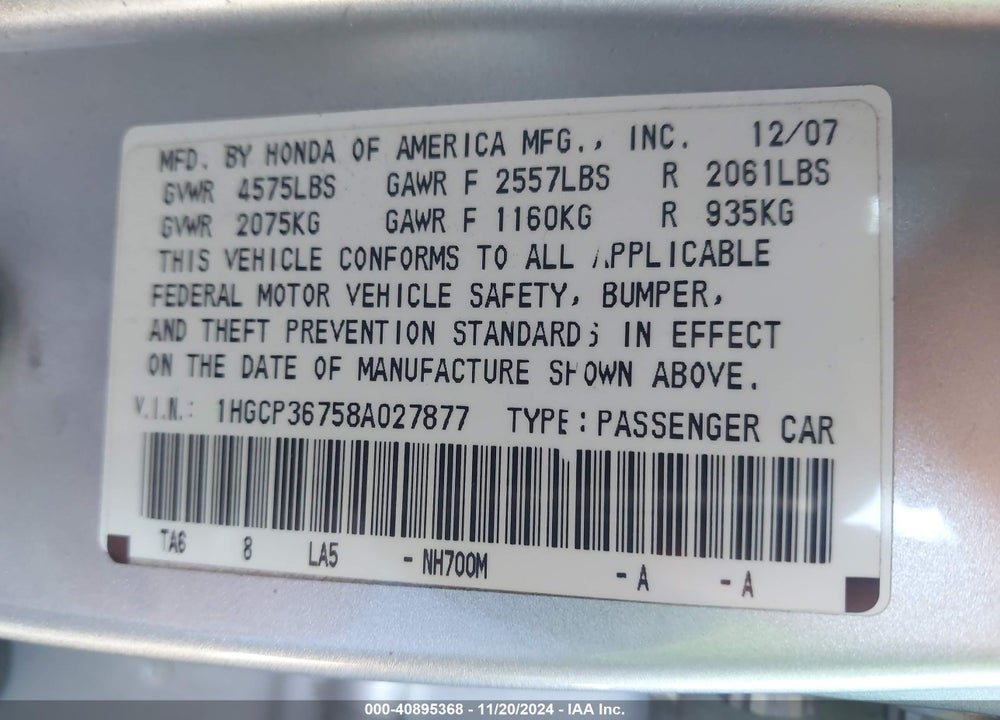 2008 HONDA ACCORD 3.5 EX VIN: 1HGCP36758A027877