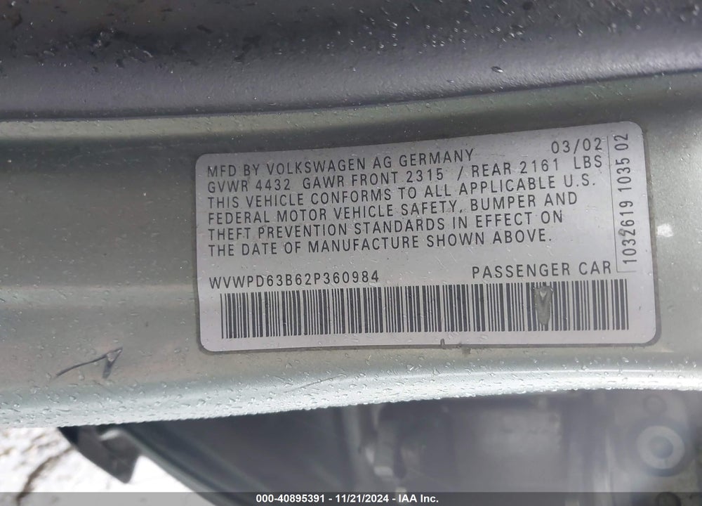 2002 VOLKSWAGEN PASSAT GLS VIN: WVWPD63B62P360984