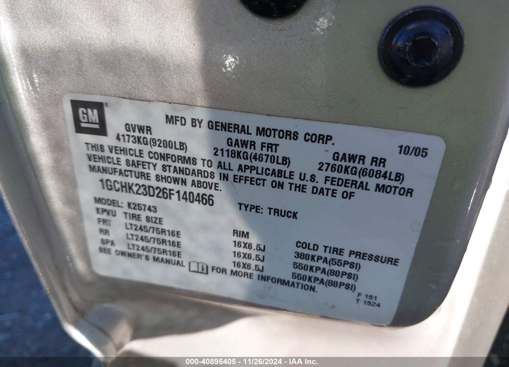 2006 CHEVROLET SILVERADO 2500HD LT3 VIN: 1GCHK23D26F140466