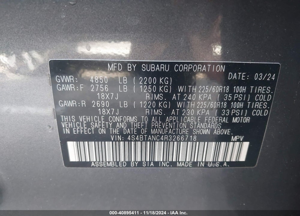 2024 SUBARU OUTBACK LIMITED VIN: 4S4BTANC4R3266718