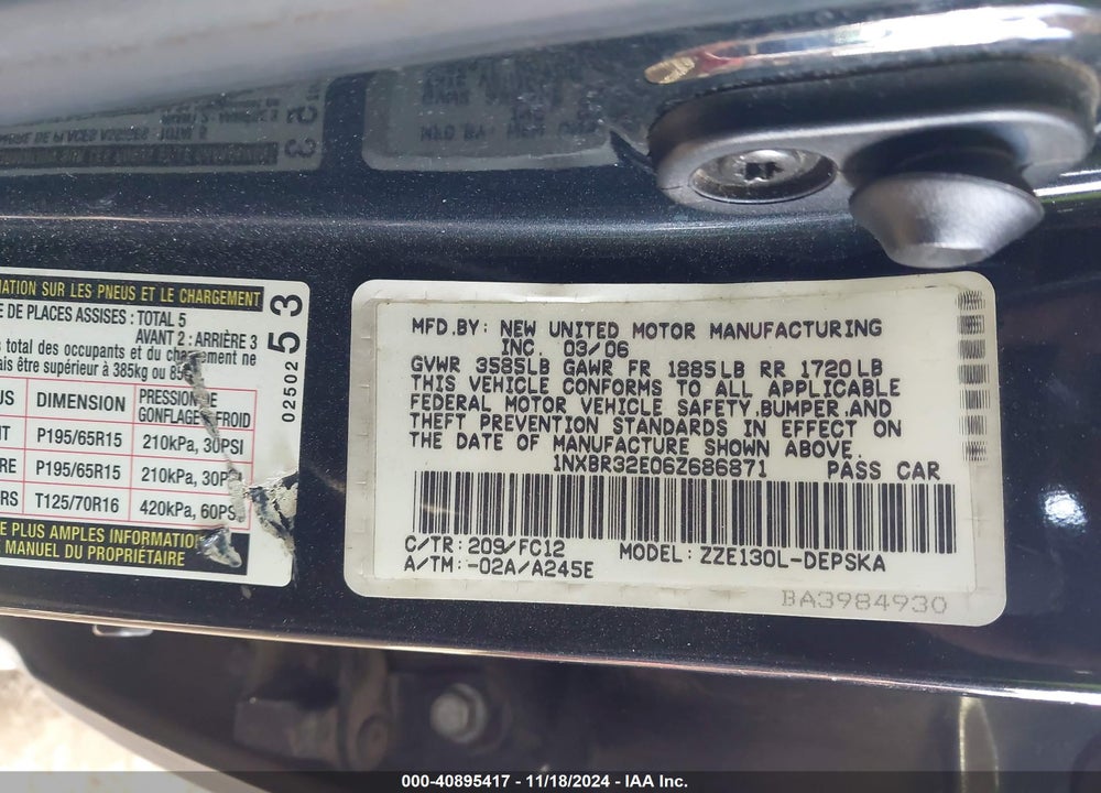 2006 TOYOTA COROLLA S VIN: 1NXBR32E06Z686871