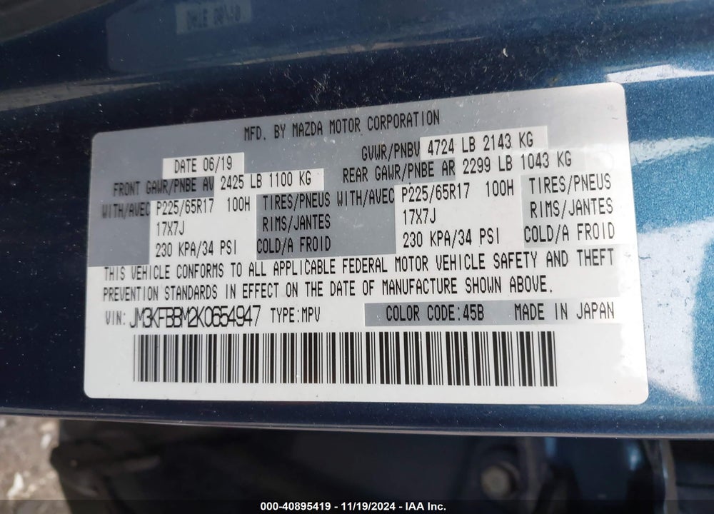 2019 MAZDA CX-5 SPORT VIN: JM3KFBBM2K0654947