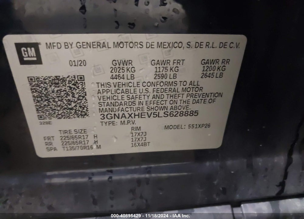 2020 CHEVROLET EQUINOX FWD LS VIN: 3GNAXHEV5LS628885