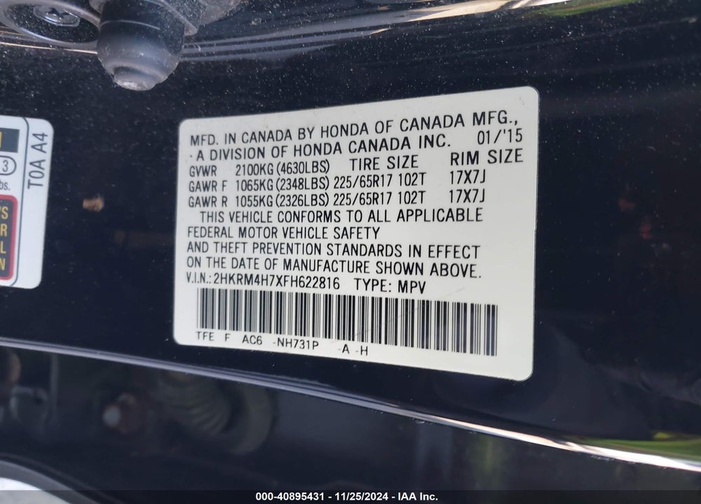 2015 HONDA CR-V EX-L VIN: 2HKRM4H7XFH622816