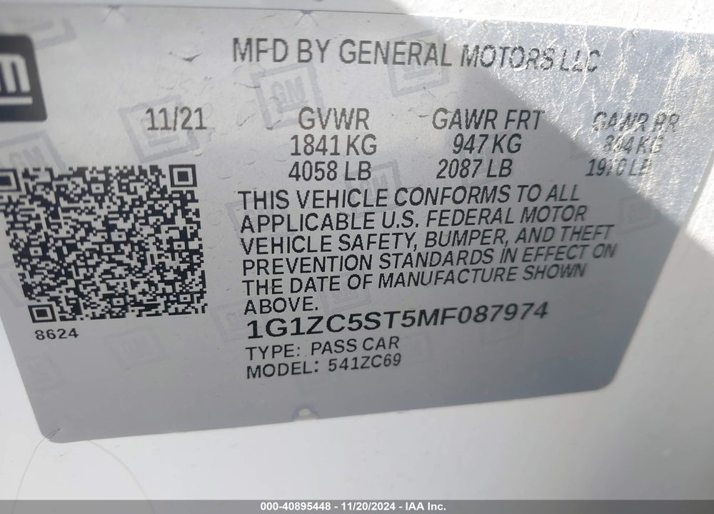 2021 CHEVROLET MALIBU VIN: 1G1ZC5ST5MF087974
