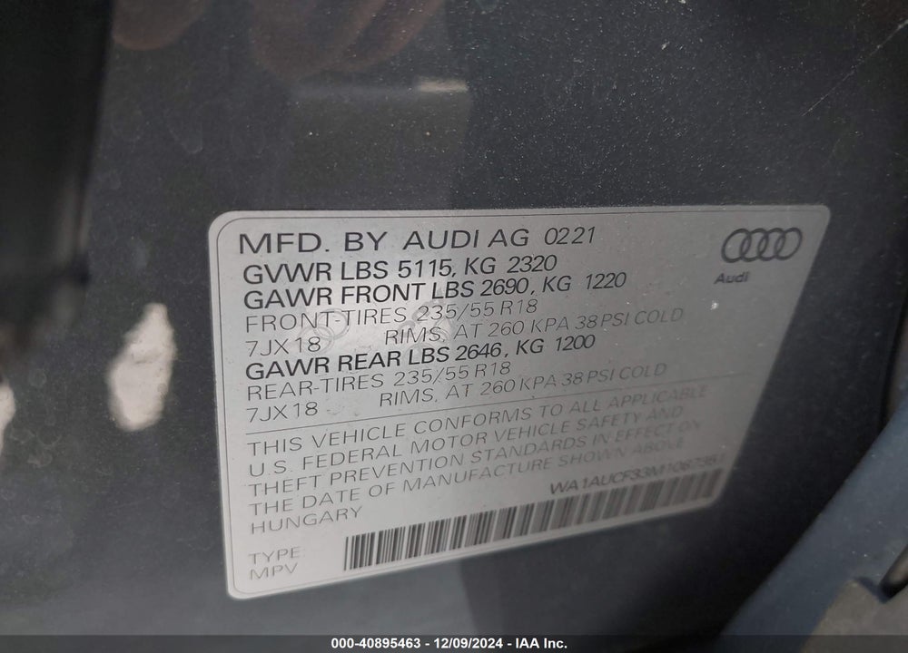 2021 AUDI Q3 PREMIUM 40 TFSI QUATTRO TIPTRONIC VIN: WA1AUCF33M1087351