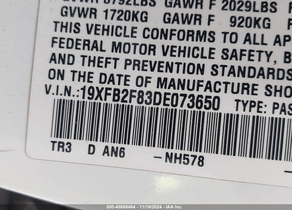 2013 HONDA CIVIC EX VIN: 19XFB2F83DE073650
