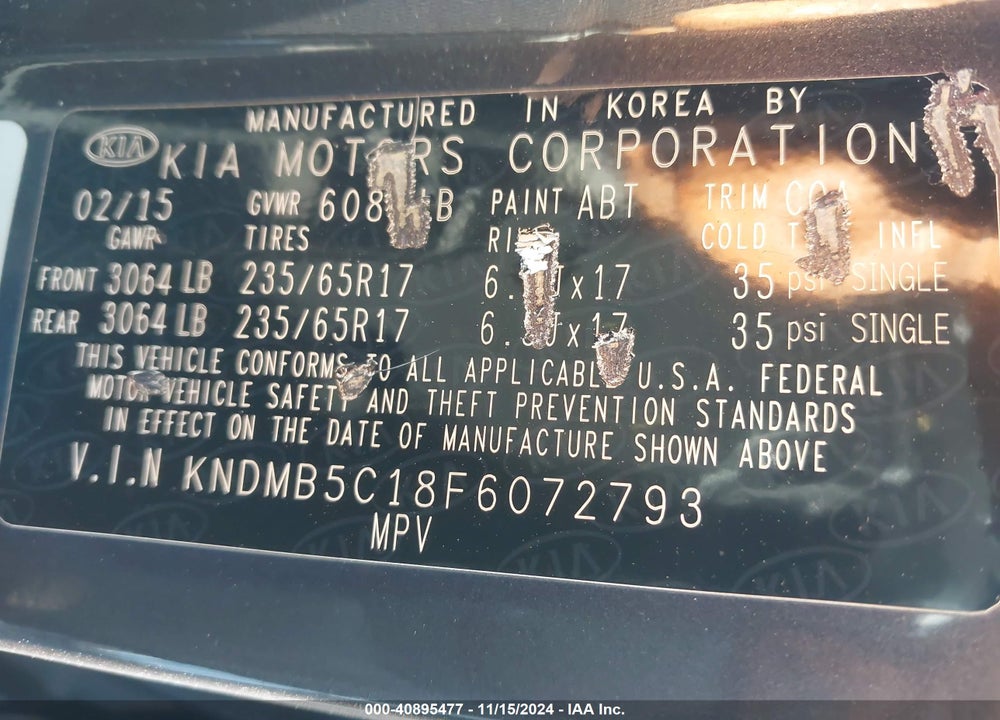2015 KIA SEDONA LX VIN: KNDMB5C18F6072793