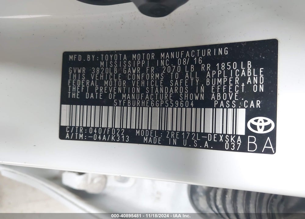 2016 TOYOTA COROLLA S PLUS VIN: 5YFBURHE6GP559604