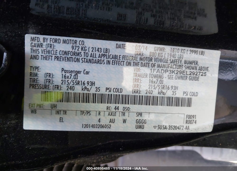 2014 FORD FOCUS VIN: 1FADP3K29EL292725