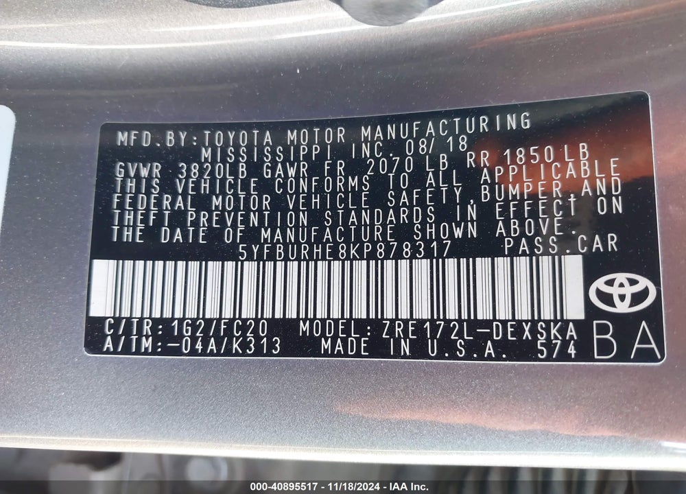 2019 TOYOTA COROLLA SE VIN: 5YFBURHE8KP878317