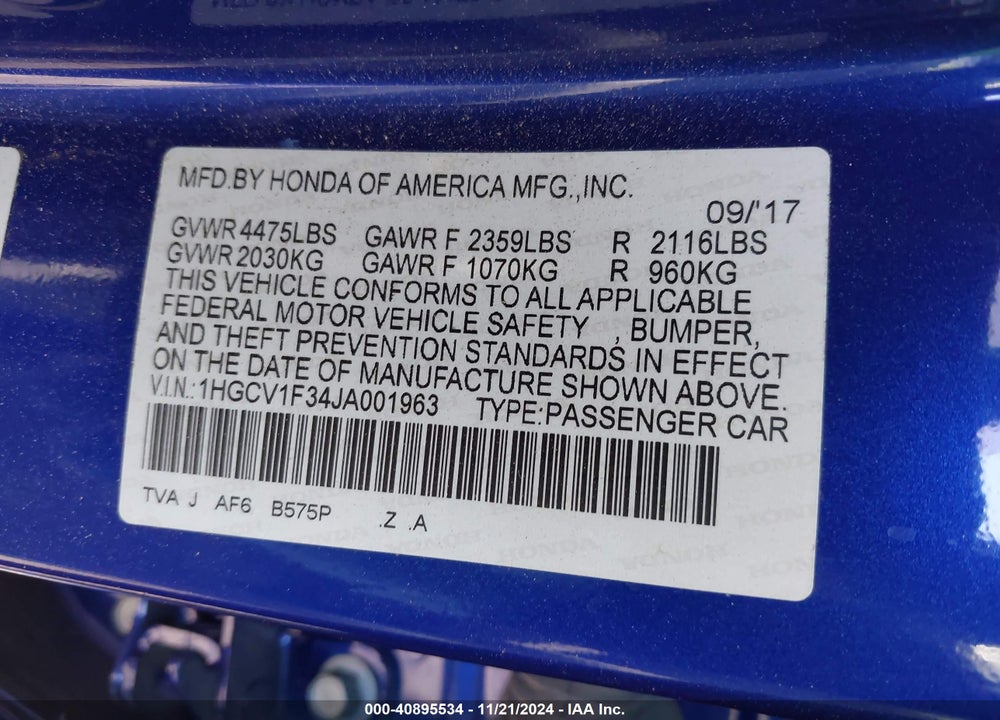 2018 HONDA ACCORD VIN: 1HGCV1F34JA001963