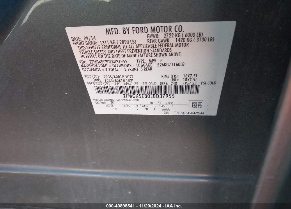 2014 FORD FLEX SEL VIN: 2FMGK5C80EBD37955