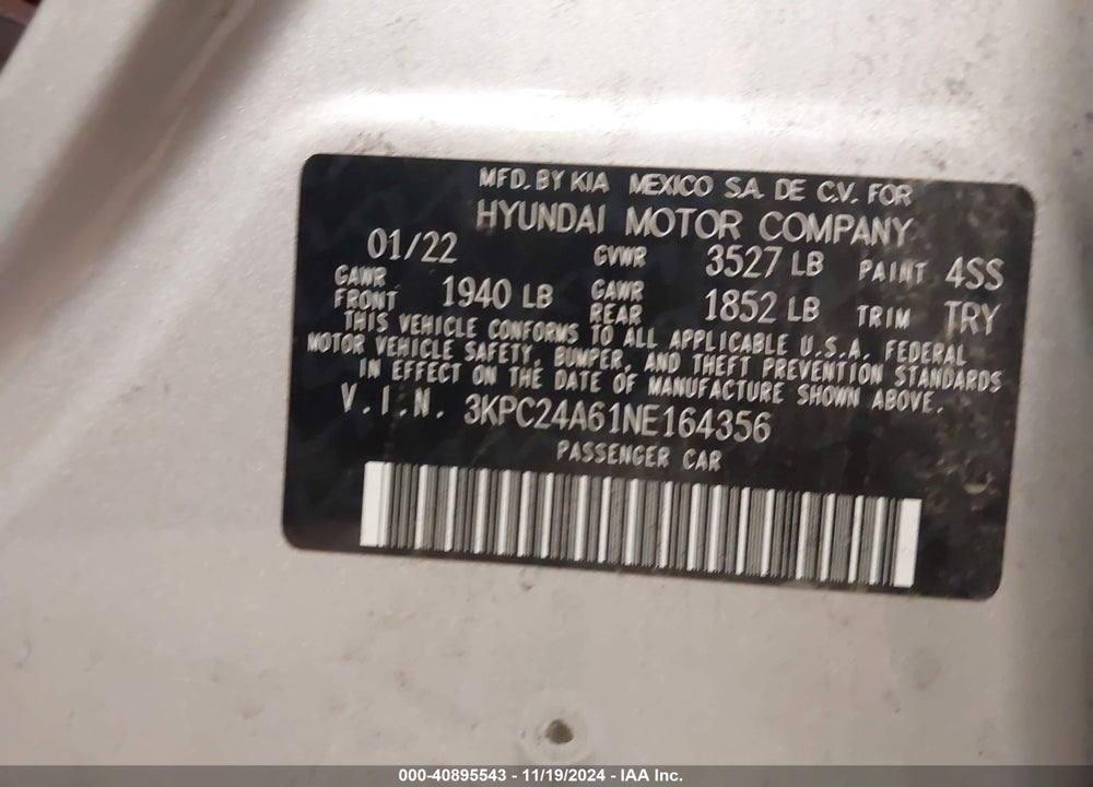 2022 HYUNDAI ACCENT SE VIN: 3KPC24A61NE164356