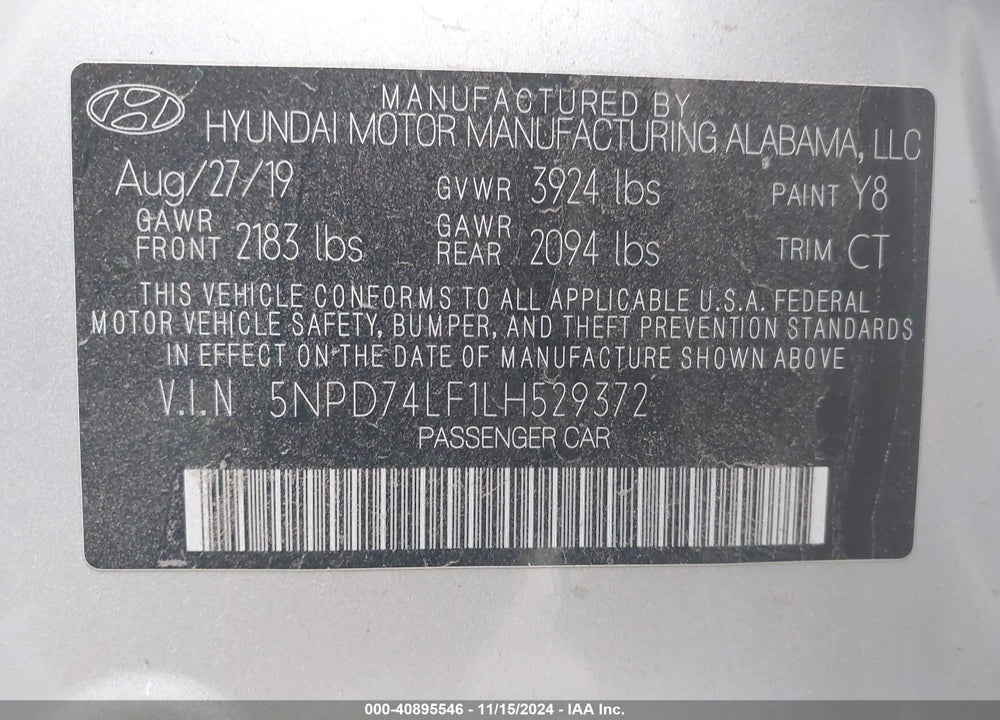 2020 HYUNDAI ELANTRA SE VIN: 5NPD74LF1LH529372