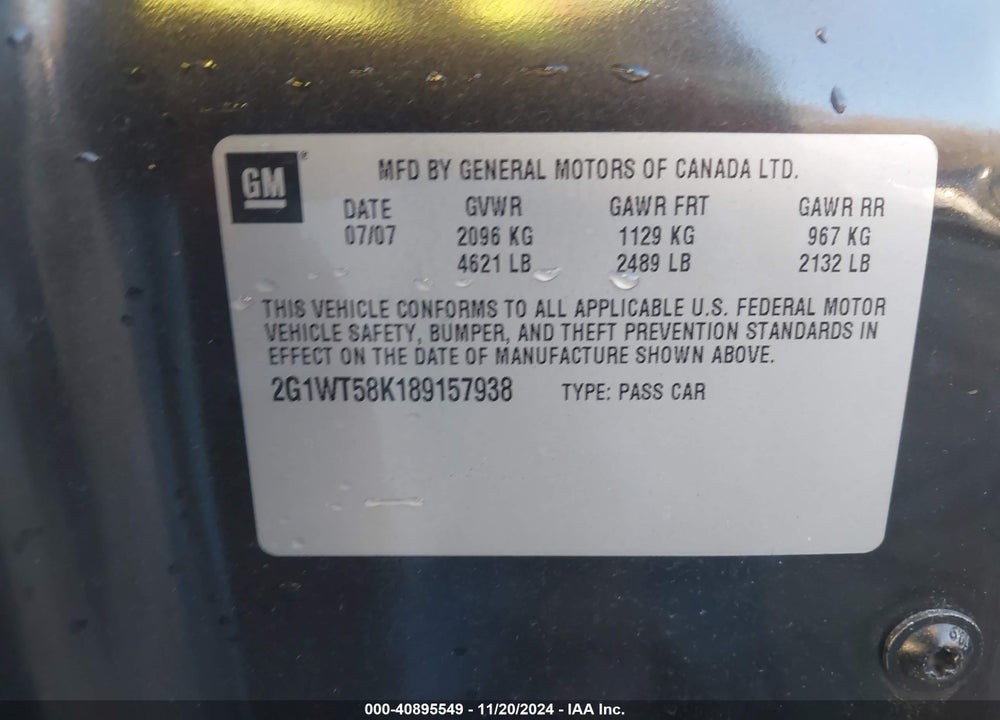 2008 CHEVROLET IMPALA LT VIN: 2G1WT58K189157938