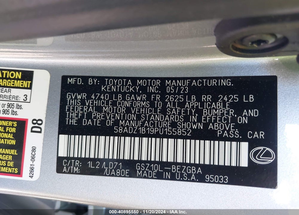 2023 LEXUS ES VIN: 58ADZ1B19PU155852