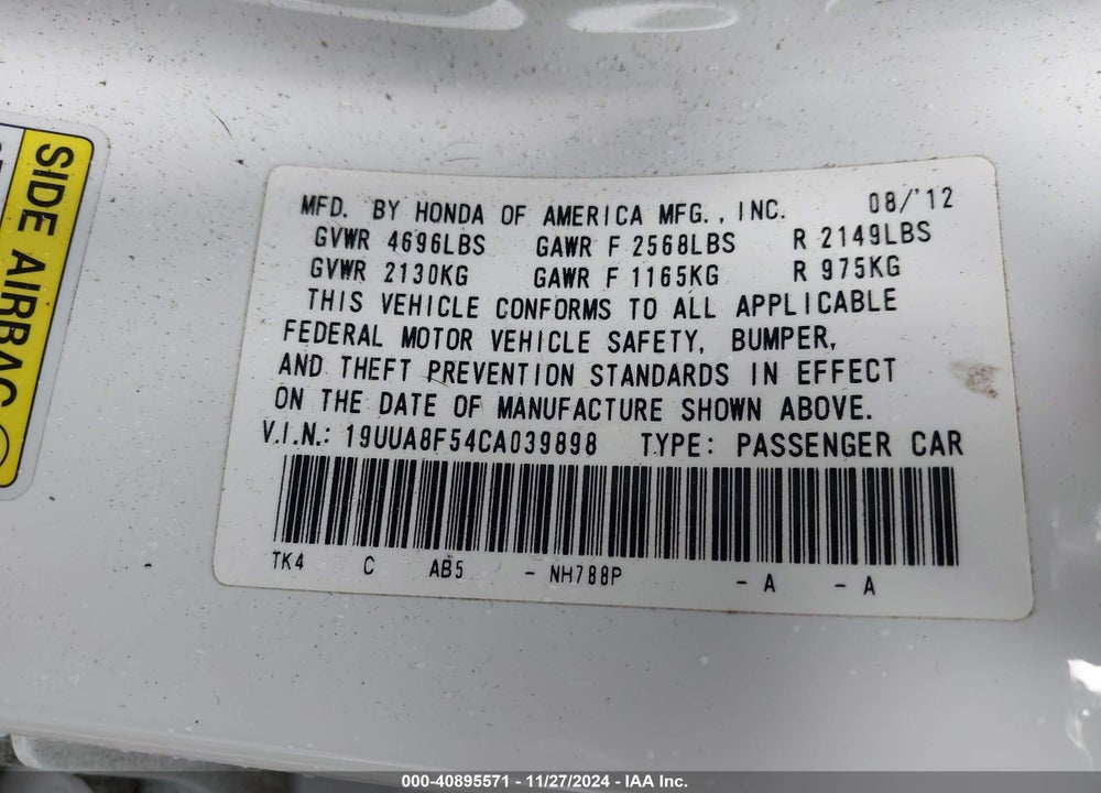 2012 ACURA TL 3.5 VIN: 19UUA8F54CA039898