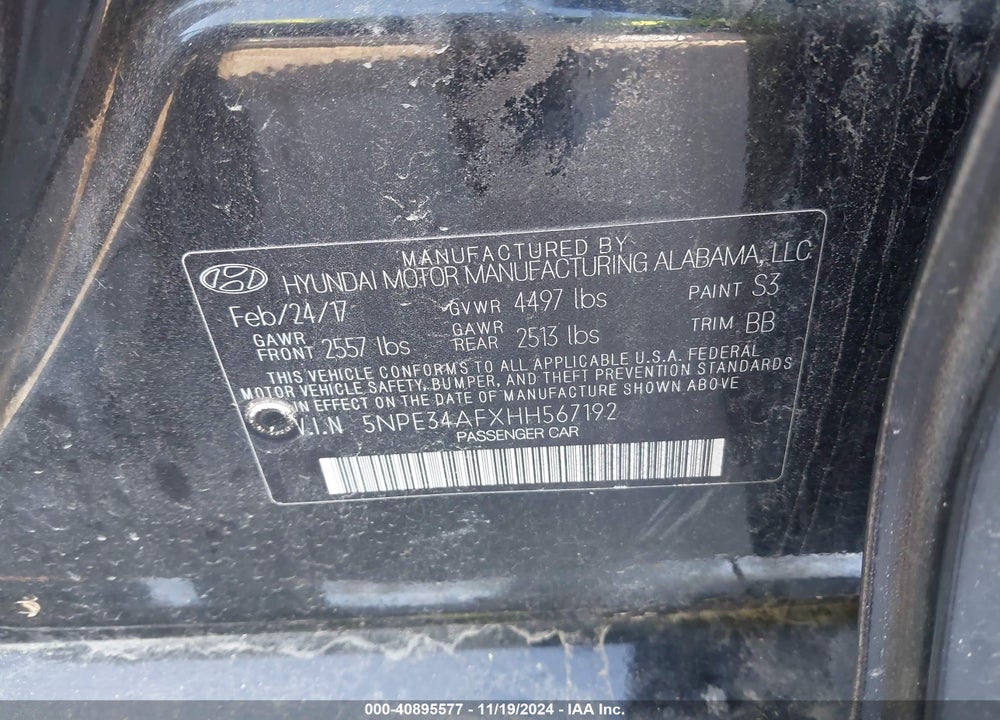 2017 HYUNDAI SONATA SPORT VIN: 5NPE34AFXHH567192