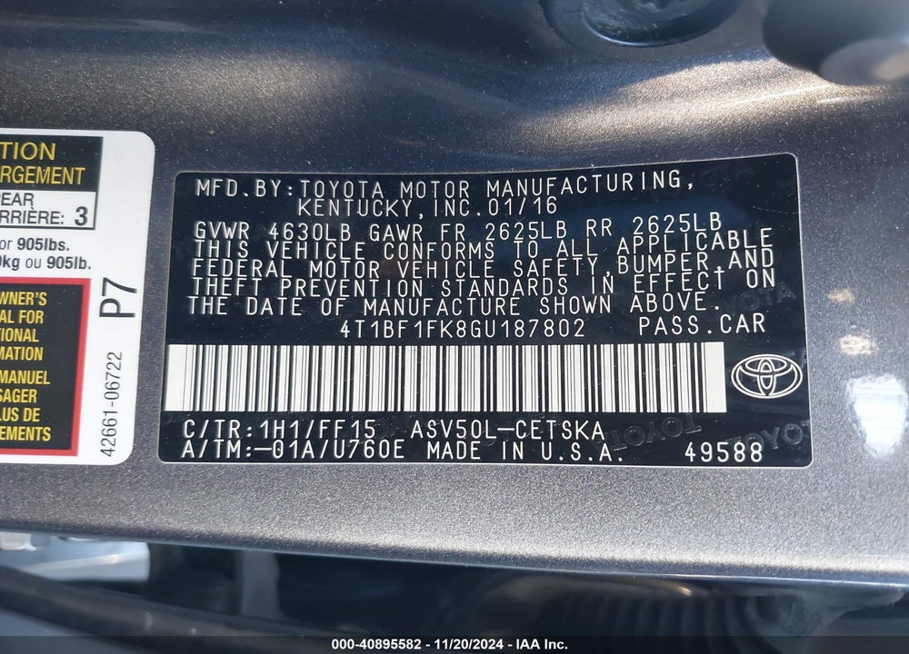 2016 TOYOTA CAMRY VIN: 4T1BF1FK8GU187802