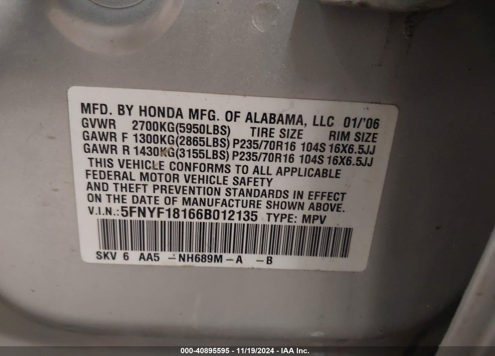 2006 HONDA PILOT LX VIN: 5FNYF18166B012135