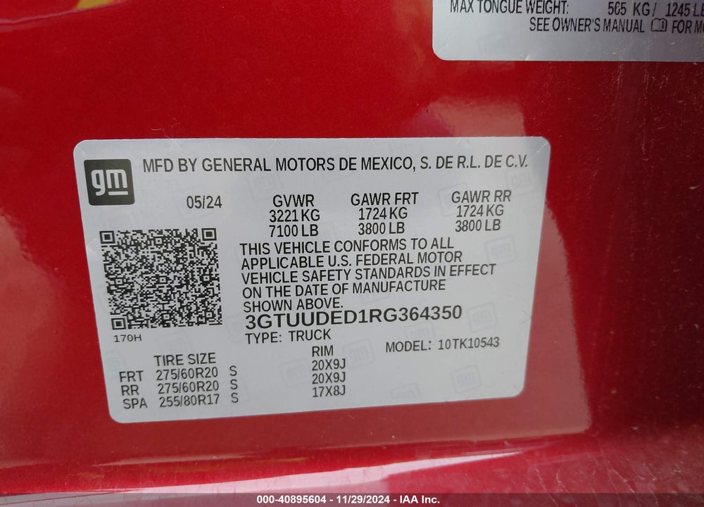 2024 GMC SIERRA 1500 4WD SHORT BOX SLT VIN: 3GTUUDED1RG364350