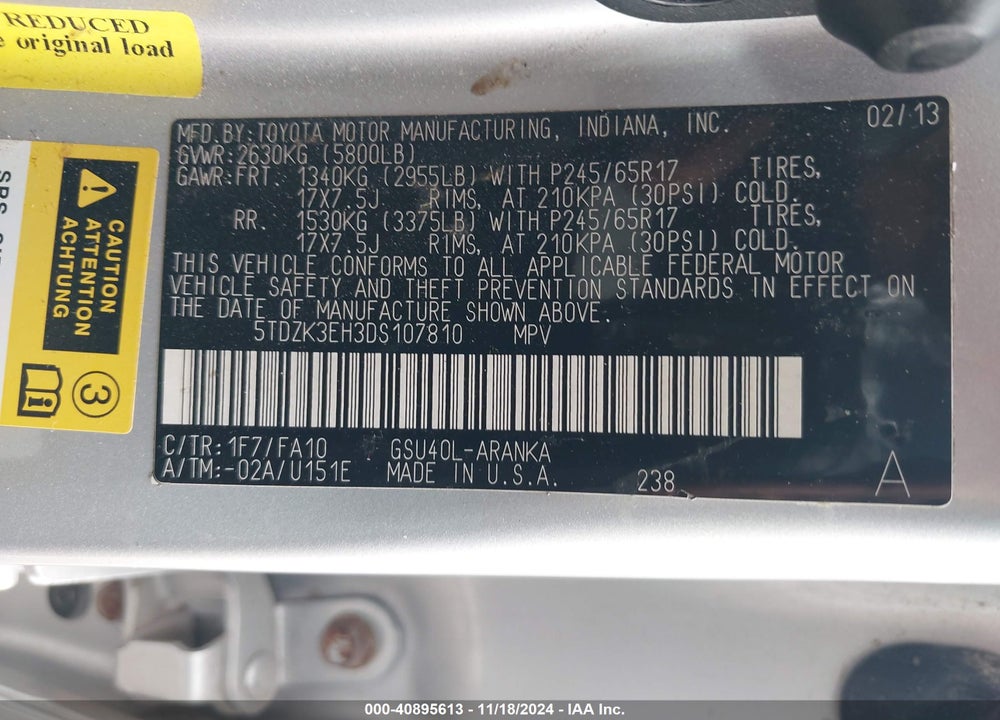 2013 TOYOTA HIGHLANDER BASE PLUS V6 VIN: 5TDZK3EH3DS107810