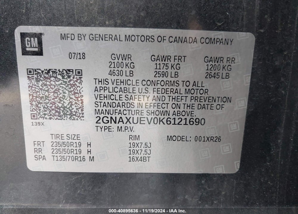 2019 CHEVROLET EQUINOX LT VIN: 2GNAXUEV0K6121690