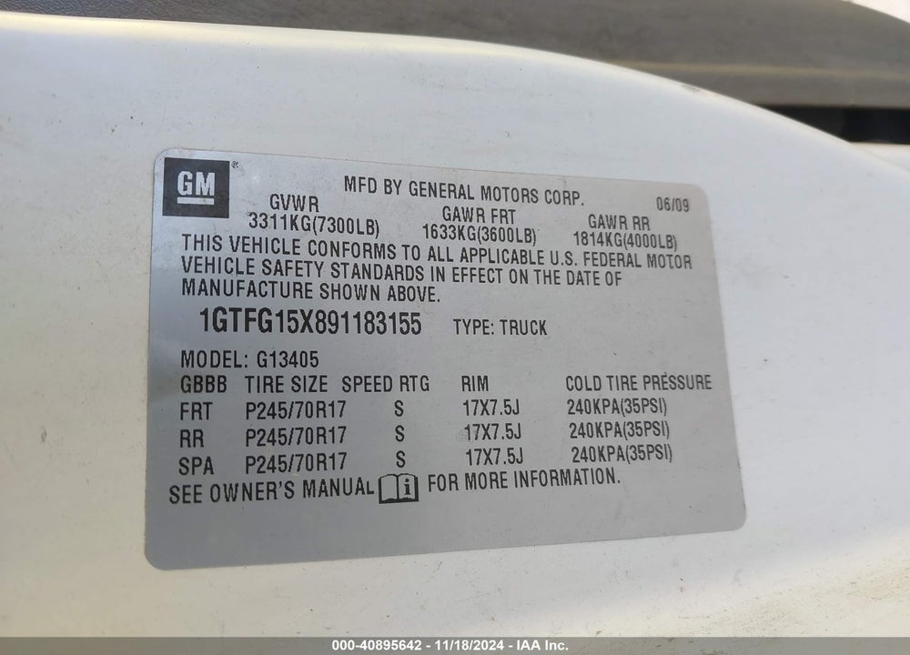 2009 GMC SAVANA 1500 WORK VAN VIN: 1GTFG15X891183155