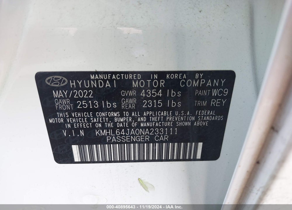2022 HYUNDAI SONATA VIN: KMHL64JA0NA233111