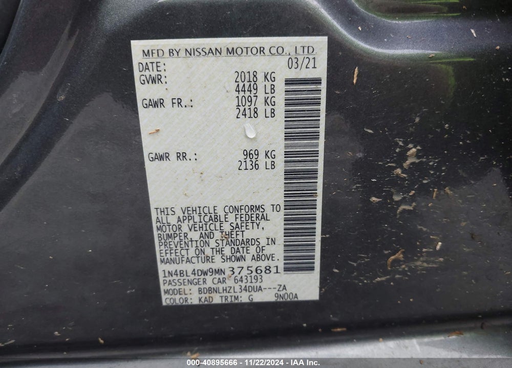 2021 NISSAN ALTIMA SV INTELLIGENT AWD VIN: 1N4BL4DW9MN375681