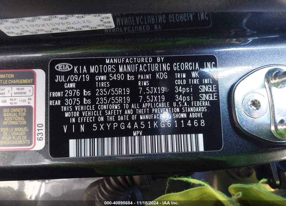 2019 KIA SORENTO 3.3L S VIN: 5XYPG4A51KG611468