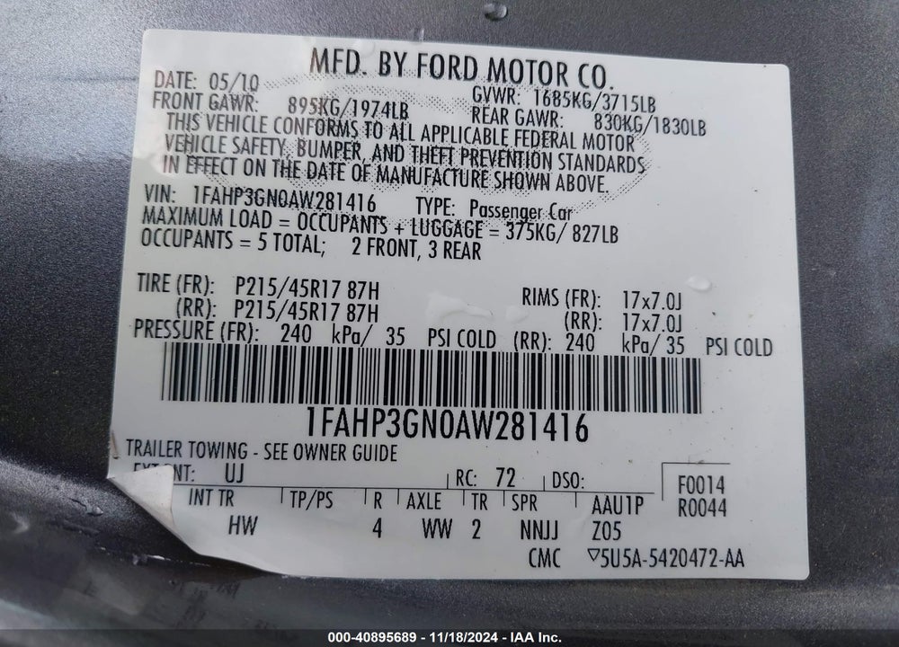 2010 FORD FOCUS SES VIN: 1FAHP3GN0AW281416