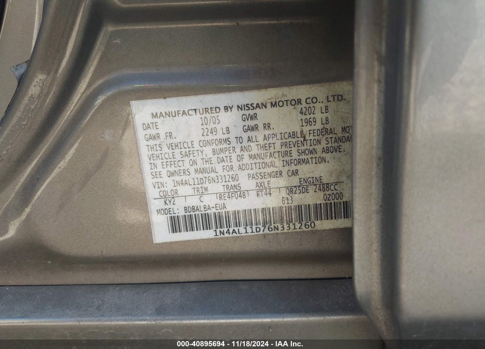 2006 NISSAN ALTIMA 2.5 S VIN: 1N4AL11D76N331260