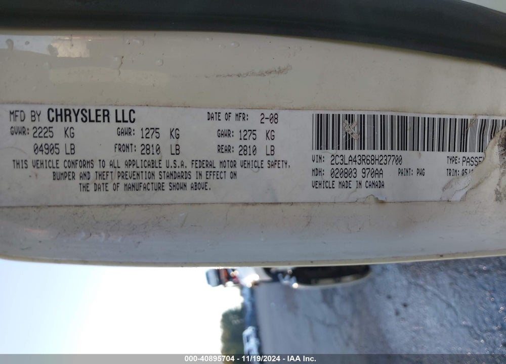 2008 CHRYSLER 300 VIN: 2C3LA43R68H237700