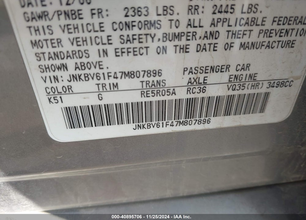 2007 INFINITI G35X VIN: JNKBV61F47M807896