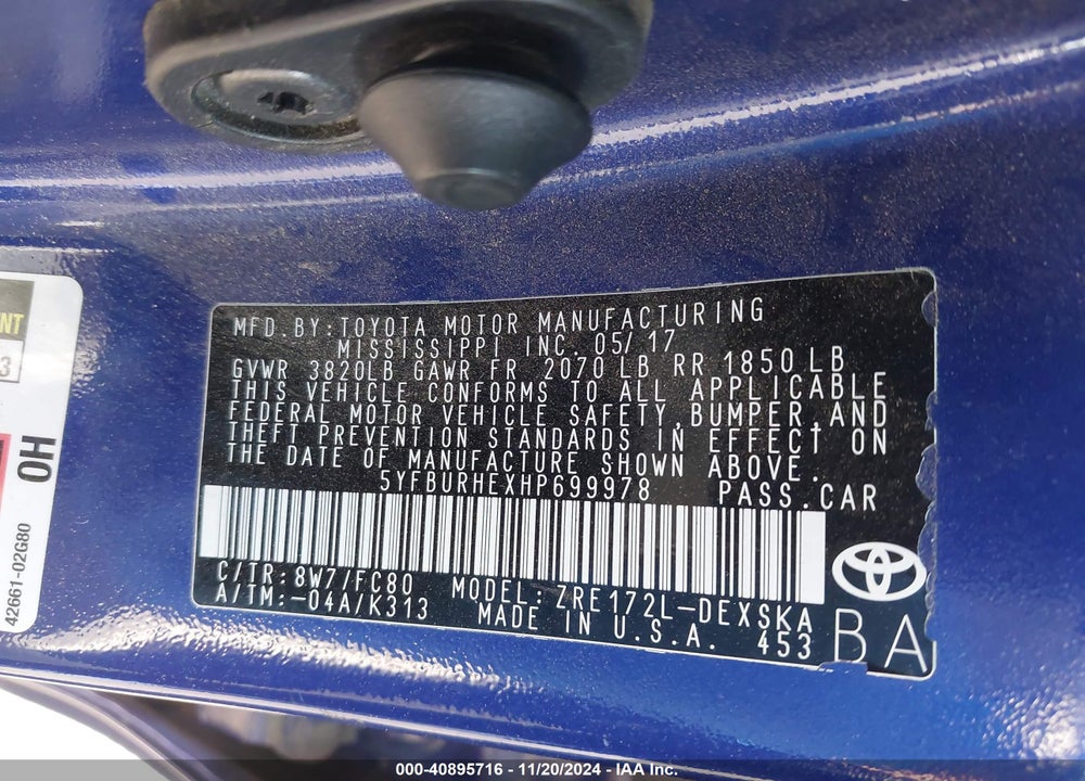 2017 TOYOTA COROLLA L/LE/XLE/SE/XSE VIN: 5YFBURHEXHP699978