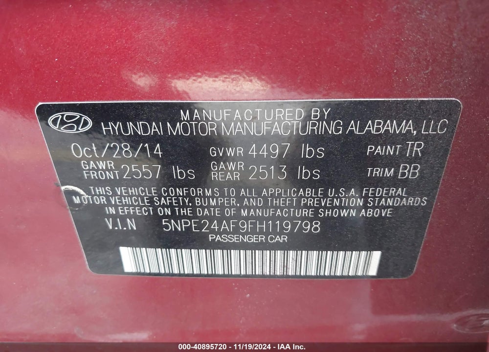 2015 HYUNDAI SONATA SE VIN: 5NPE24AF9FH119798