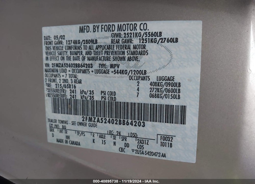 2002 FORD WINDSTAR SE VIN: 2FMZA52402BB64203