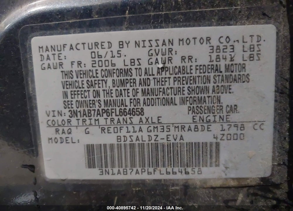 2015 NISSAN SENTRA SV VIN: 3N1AB7AP6FL664658
