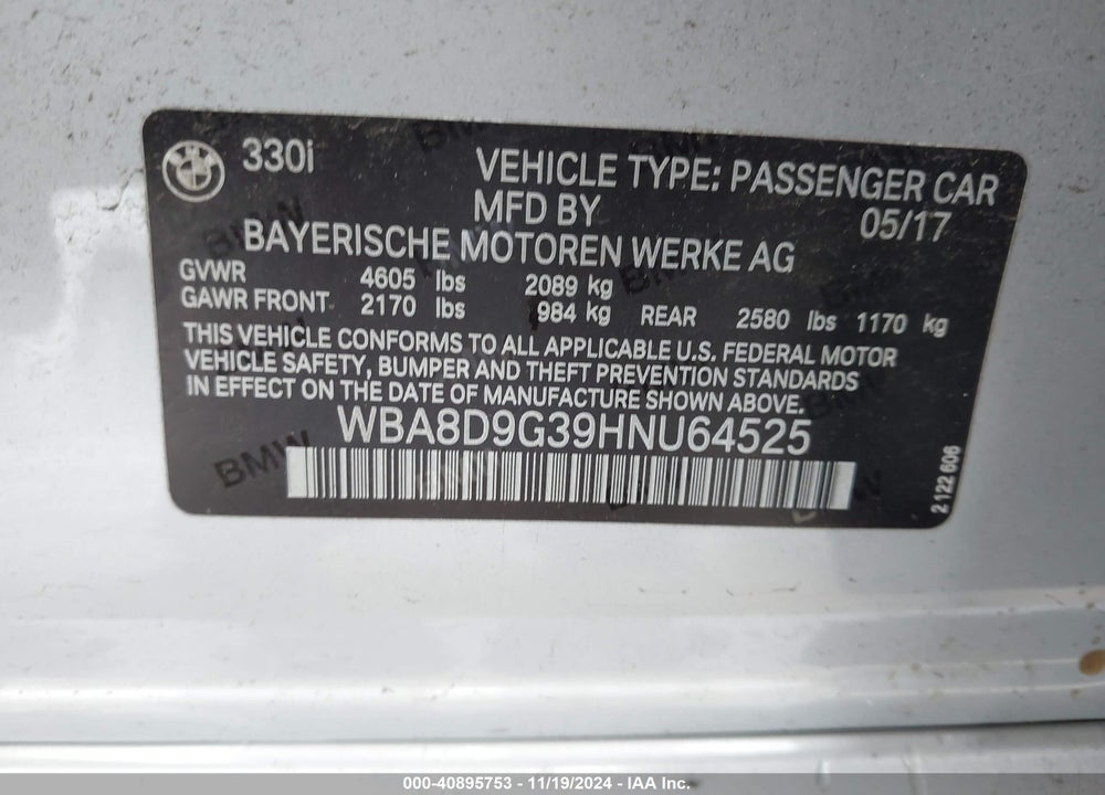 2017 BMW 330I XDRIVE VIN: WBA8D9G39HNU64525